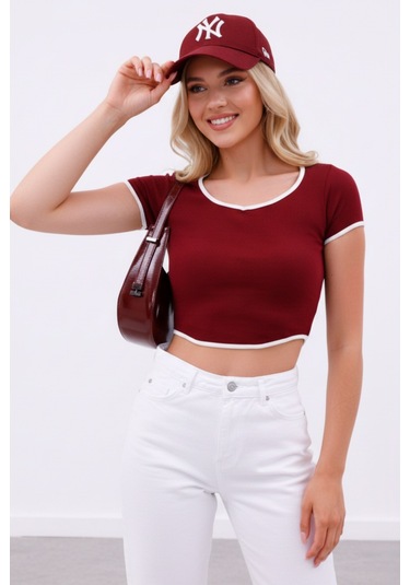 Zedefx Kadın Biyeli Yaka Detaylı T-shirt Bordo