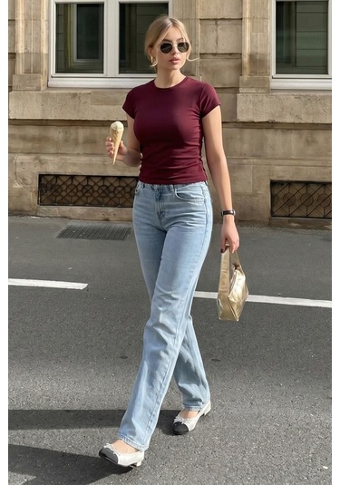Bordo Basic Slim Fit Kadın Tişört Mg2818