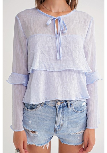 4735 Kadın Uzun Kollu Fırfırlı Bağlamalı Bluz Bebe Mavi Bebe Mavi