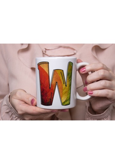 W Harf Yaprak Renkleri İle Kupa Bardak - Kişiye Özel Alfabe Harfli Bardak - Hediye Beyaz