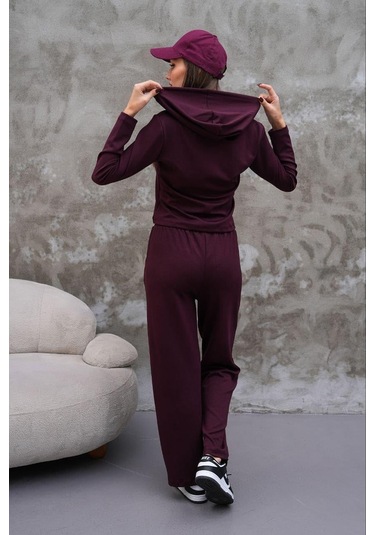 Elaxi Modal Kumaş Slim Fit Kapüşonlu İkili Takım Bordo