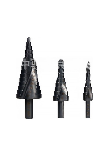Moveevo Siyah Üçgen Saplı Spiral Yivli Merdiven Matkap Ucu Seti 4-20mm , Nitrür Siyah, Çelik Çeliği, Hafif Kullanım, Çok Amaçlı, Opp Poşetli 3 Adet