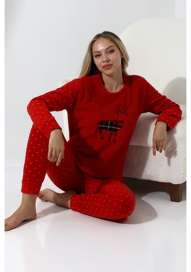 Fawn 5016 Peluş Welsoft Polar Kışlık Yumoş Geyikli Kadın Pijama Takımı Kırmızı