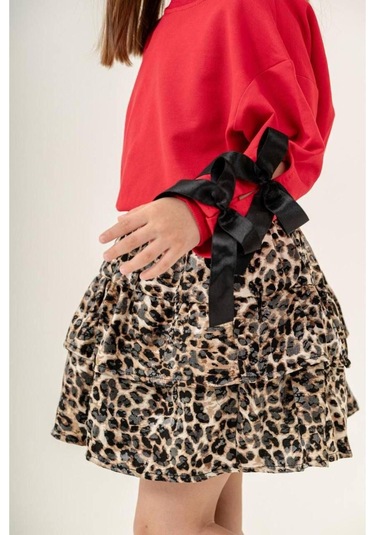 Kız Çocuk Fiyonk Detaylı Sweatshirt Leopar Desenli Etek Takım Kırmızı