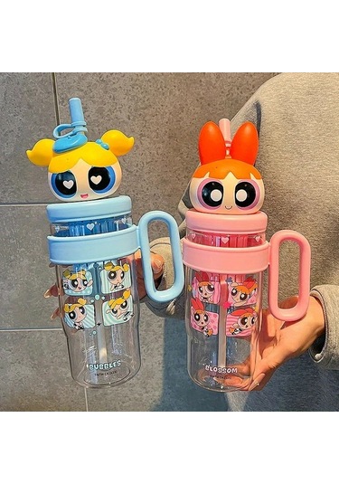 Wangxi Powerpuff Kızlar Buttercup Yeşili Blossom Su Bardağı Pipetli Kapaklı 37oz Ice King Kupa Sızdırmaz Seyahat Matarası Ahşap