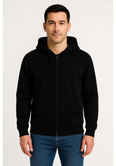 Erkek Üç İplik Kapüşonlu Tam Fermuarlı Kanguru Çepli Sweatshirt Hoodie - Siyah Siyah