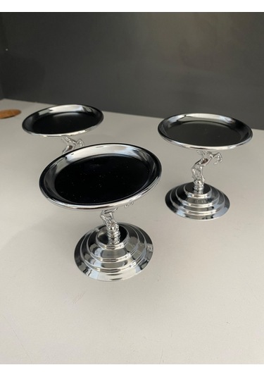 3'lü Atlı Gümüş Lokumluk, Çay Ve Kahve Yanı Sunumluk, Metal Şekerlik, Makaronluk Gümüş