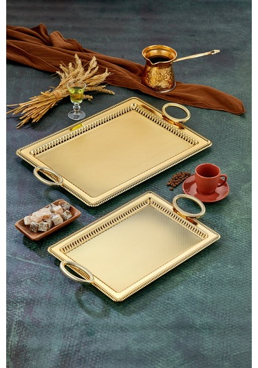 Cooker 2'li Özel Seri Dikdörtgen Model Lüx Metal Çay Sunum, Nişan Tepsisi 35x25 Ve 44x32 Cm Altın