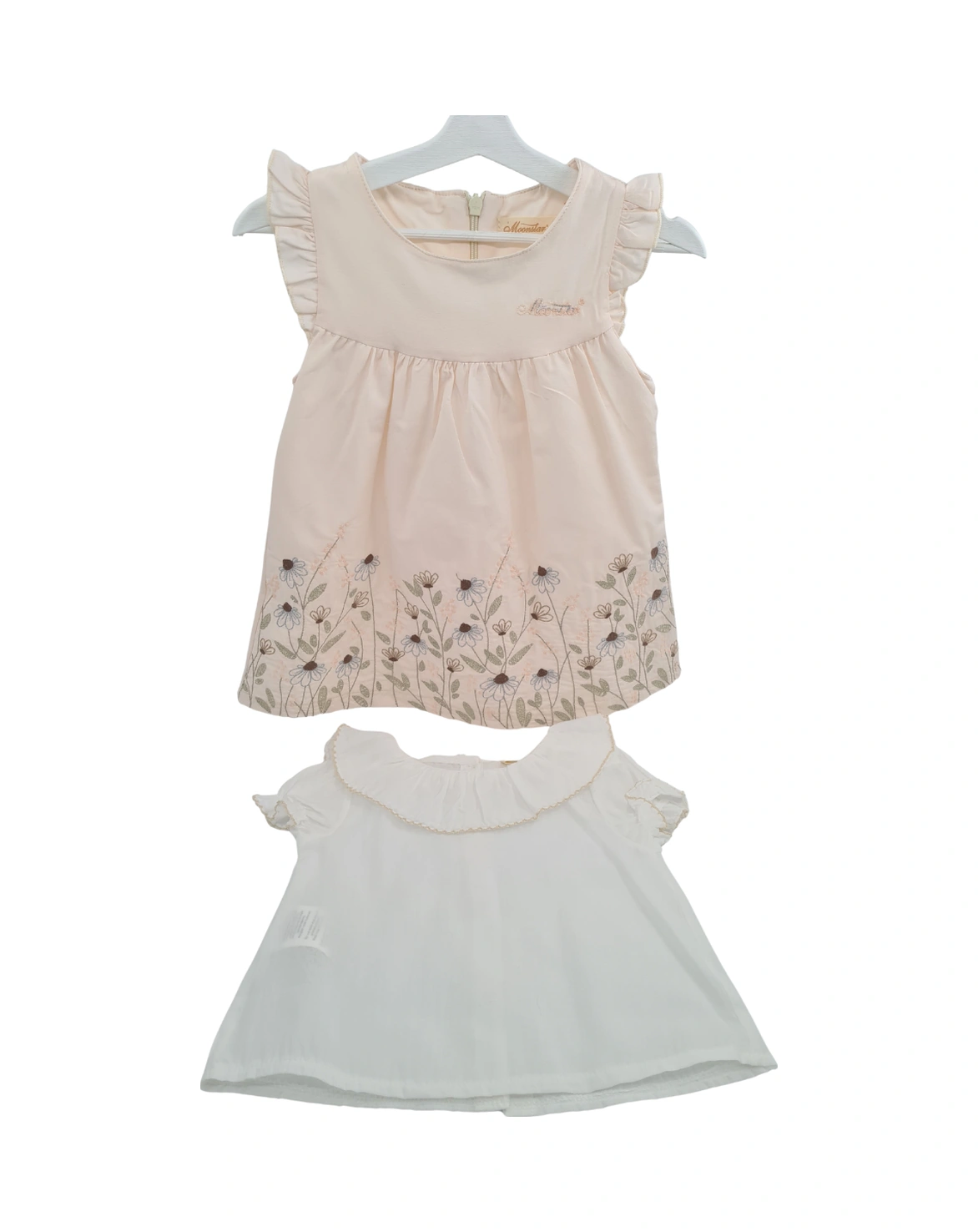 Kız Bebek Bej Çiçek İşlemeli Elbise Fırfıtlı Yaka Gömlekli Takım-1353 Bej