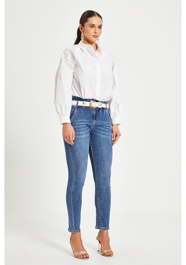 Kadın Nakış Detaylı Pamuk Gömlek Düğmeli, Uzun Kollu, %100 Cotton Beyaz