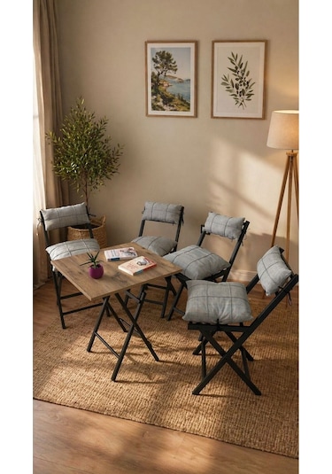 Minderli Balkon Bahçe Mutfak Bistro Set Katlanır 4+1 Masa-sandalye Gri - Gri