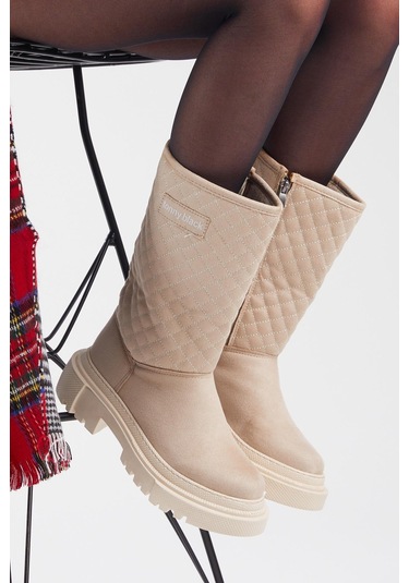 Kapitone Desenli Rahat Kalıp Uzun Kadın Bej Bot Tber205 Bej