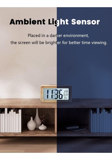 Youmex Ahşap Rakamlı Alarm Saat - Lcd Arka Işıklı Ekran, Sıcaklık Göstergesi, Uyandırıcı Fonksiyonu, Parlaklık Sensörü İle 3 Aaa Pil İle Çalışır Pil Dahil Değil