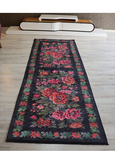 Karabağ Yolluk Yeşil Siyah Mutfak Halısı Yıkanabilir Kilim
