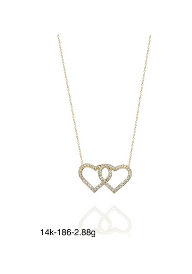 Çift İki Kalp Yan Yana Çok Şık 14 Ayar Altın Kolye