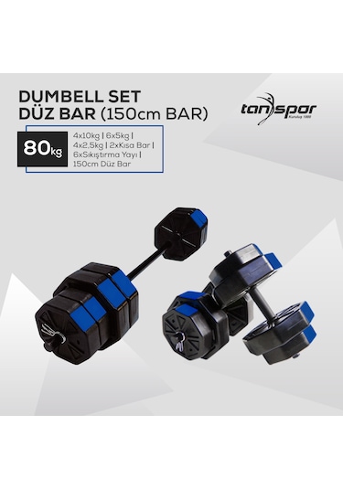 Tan Spor 80 KG Dambıl Halter Kısa Bar + Düz Bar Seti Kırmızı Kapaklı 150 CM