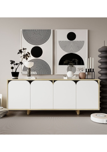 Lazio Bohem Ahşap Ayaklı Modern Konsol 180 Cm Safir Meşe-beyaz