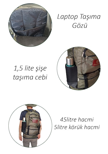 Worldcamp Körüklü Dağcı Sırt Çantası 50 Litre Kapasiteli Kamp Çantası Haki