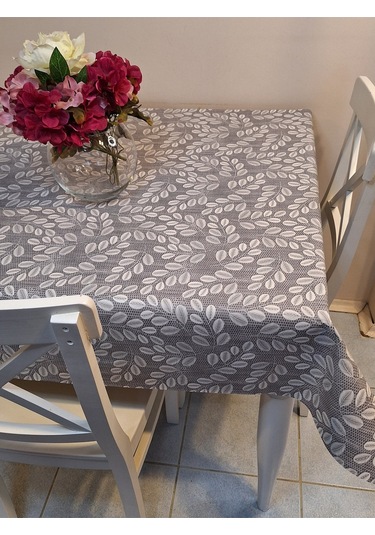 Elyaflı Pvc Muşamba - Desenli Silinebilir Masa Örtüsü Krem Fnt1248 Gri