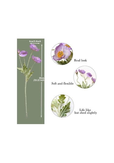 Yapay Çiçek Gelincik Çiçeği Lila Renk 3 Çiçek 1 Tomurcuk 59cm