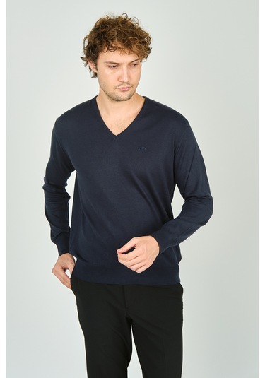 Woolen World Erkek V Yaka Uzun Kollu Yün Kazak 3022 Lacivert Lacivert