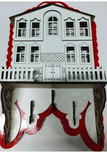 Işıklı Dekoratif Ahşap Ev Model Duvar Anahtarlık Askılık Beyaz - Kırmızı