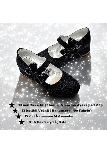Beebron Ortopedik Topuklu Abiye Kız Çocuk Ayakkabı Shining Series Abiayk2401 Simli Siyah Siyah - Simli