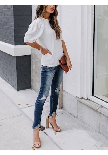 The İstanbul Kadın Kısa Kollu Pileli Balın Kol Bürümcük Bluz Beyaz