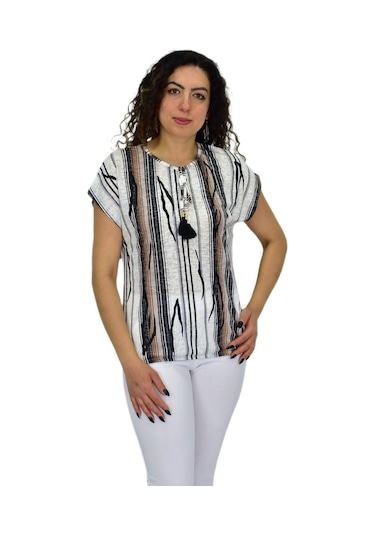 Kadın Kısa Kol Baskılı Bluz Bgl-st04695 Krem