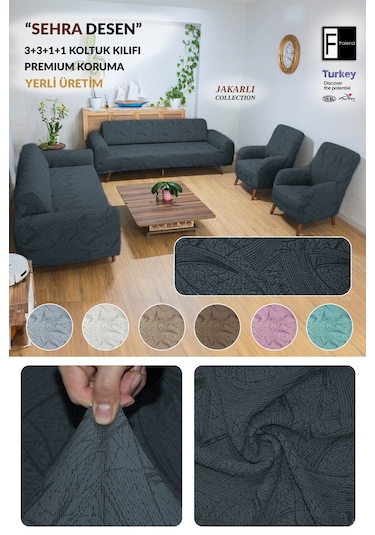 Jakarlı Sehra Desen 3 3 1 1 Lastikli Kanepe Örtüsü Lastikli Koltuk Örtüsü Koltuk Kılıfı Takımı Antrasit