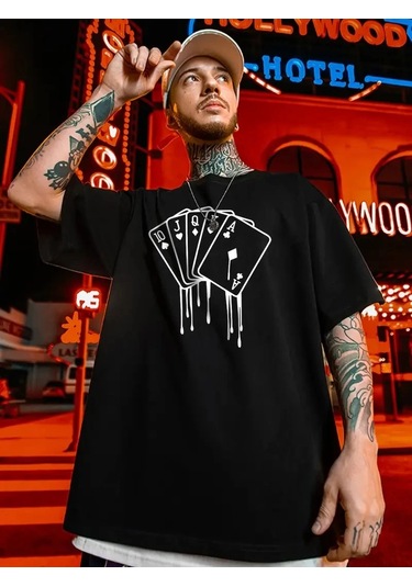 Erkek Büyük Beden Kart Baskılı Düz Renk Kısa Kollu Bisiklet Yaka Tişört Gündelik Giyim - Siyah Çok Renkli