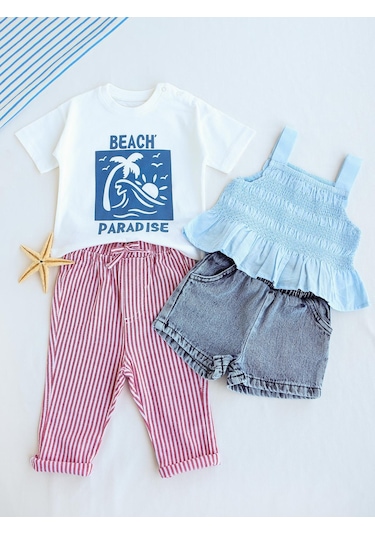 Civil Baby Denim Şortlu Askılı 6-18 Ay Takım - Mavi Koyu Mavi