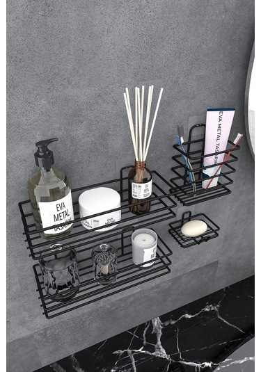 Eva Metal Tasarim Yapışkanlı Banyo Seti Duş Rafı + Sabunluk + Diş Fırçalık Metal Set Siyah