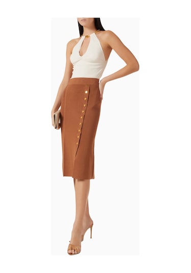 Elisabetta Franchi Triko Jewel Button Detaylı, Sofistike Midi Etek Kahverengi