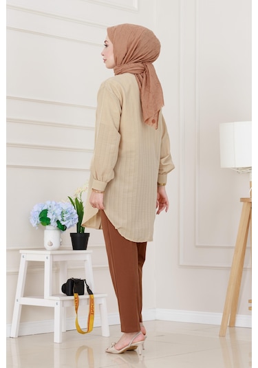 Sevitli Göğüsü Taş Detaylı Oversize Tunik-bej-5226 Bej