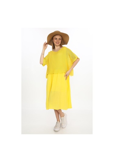 İtalyan Müslin Keteni Üstü File Bluzlu Astarlı Tek Parça Elbise-9256 Sarı