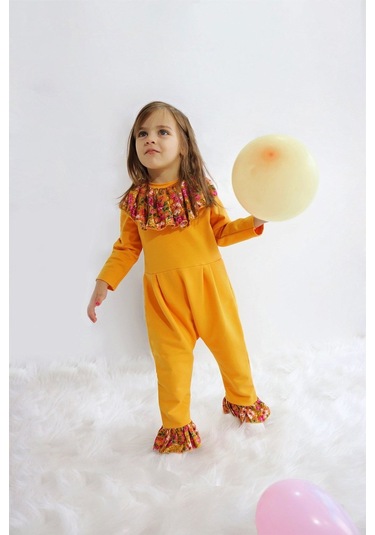 Kız Bebek Lotus Hardal Çiçekli Uzun Kollu Çıtçıtlı Yakalı Tulum Tlm-0050 Hardal