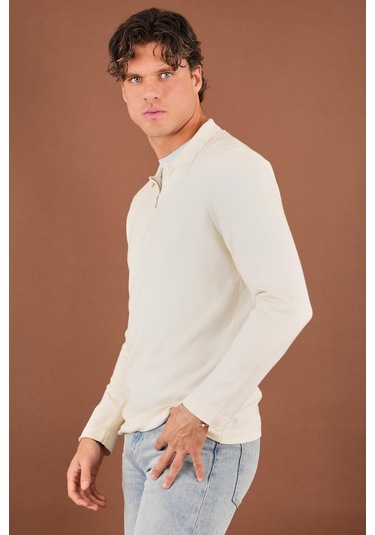 Fermuarlı Polo Yaka Kazak Ekru