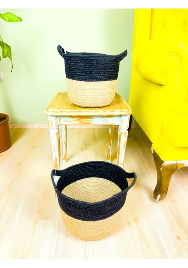 Bitki Tasarımı Düzenleyici Kulplu Üstü Siyah Şeritli Doğal Örgü Sepet İkili Set Orta-küçük