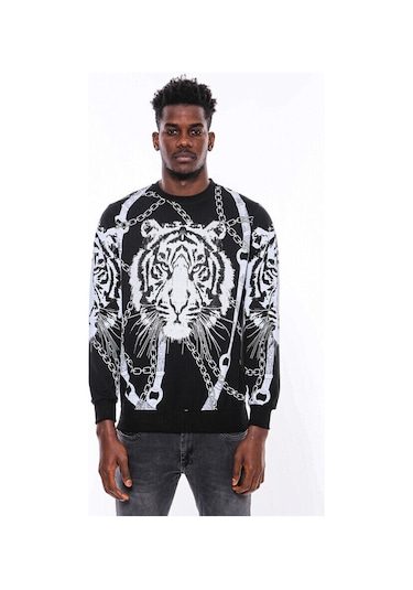 Wessi Siyah Taşlı Baskılı Bisiklet Yaka Sweatshirt Siyah