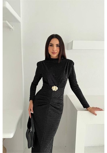 Neşeli Butik Kadın Kol Vatkalı Toka Detaylı Drapeli Maxi Elbise Nbk4358 Siyah