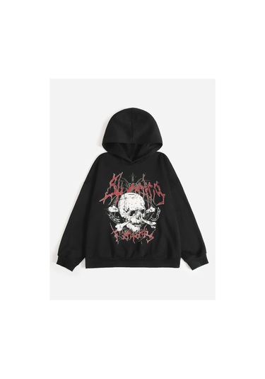 Coke Serisi Skull Print Drop Shoulder Hoodie-trzksw625 Siyah