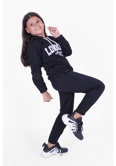 Fyk Kids Kapüşonlu-london Baskı Detaylı Kız Çocuk Eşofman Takımı Siyah
