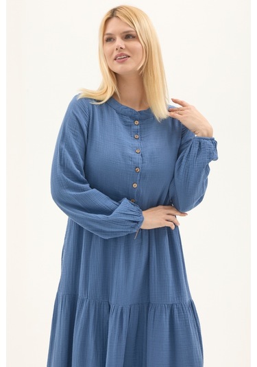 Uzun Kol İndigo Düğmeli Yazlık Uzun Müslin Elbise İndigo