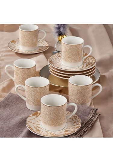 Güral Porselen Camelıa 12 Parça 6 Kişilik Bone Türk Kahvesi Fincan Takımı - 2511 Bej