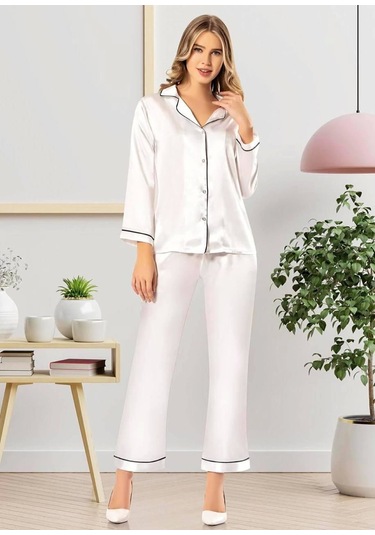 Freshness 2045 Saten Gömlek Yaka Patlı Pijama Takımı Ekru