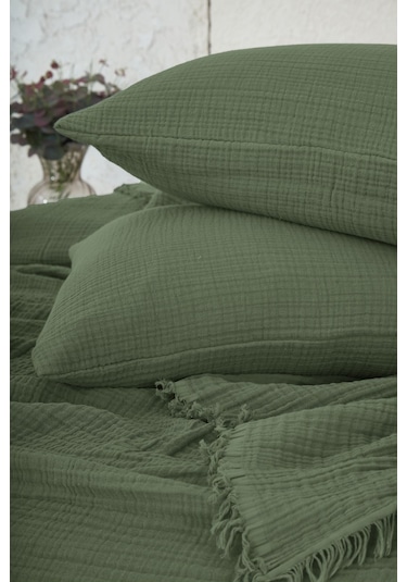 %100 Pamuk Müslin Yatak Örtüsü Tek Kişilik 4 Katlı Battaniye 2 Parça Müslin Pike Seti Yeşil Yeşil