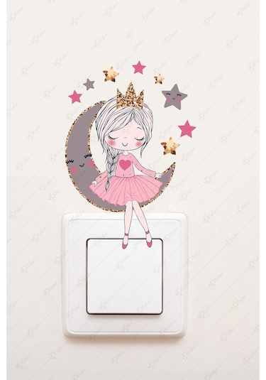 MSticker Ayda Oturan Sevimli Kız Priz Sticker, Ayda Oturan Peri Kızı Sevimli Priz Sticker