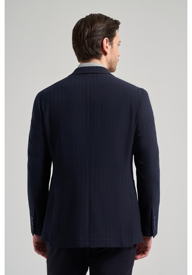 Çizgili Desen Gofreli Mono Yaka Esnek 6 Drop Slim Fit Ceket 1002250122 Koyu Lacivert