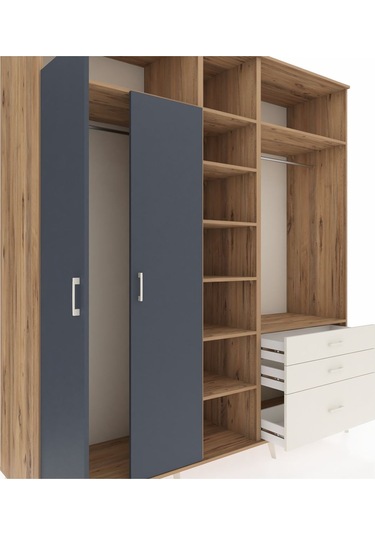 Kronos Dolap 9 Raflı 3 Çekmeceli 2 Askılı 220x59x243 Çam-antrasit/aytaşı Antrasıt/aytası